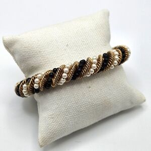 VINTAGE Gold Black Pearl Beaded Twist Coil Bracelet Bangle